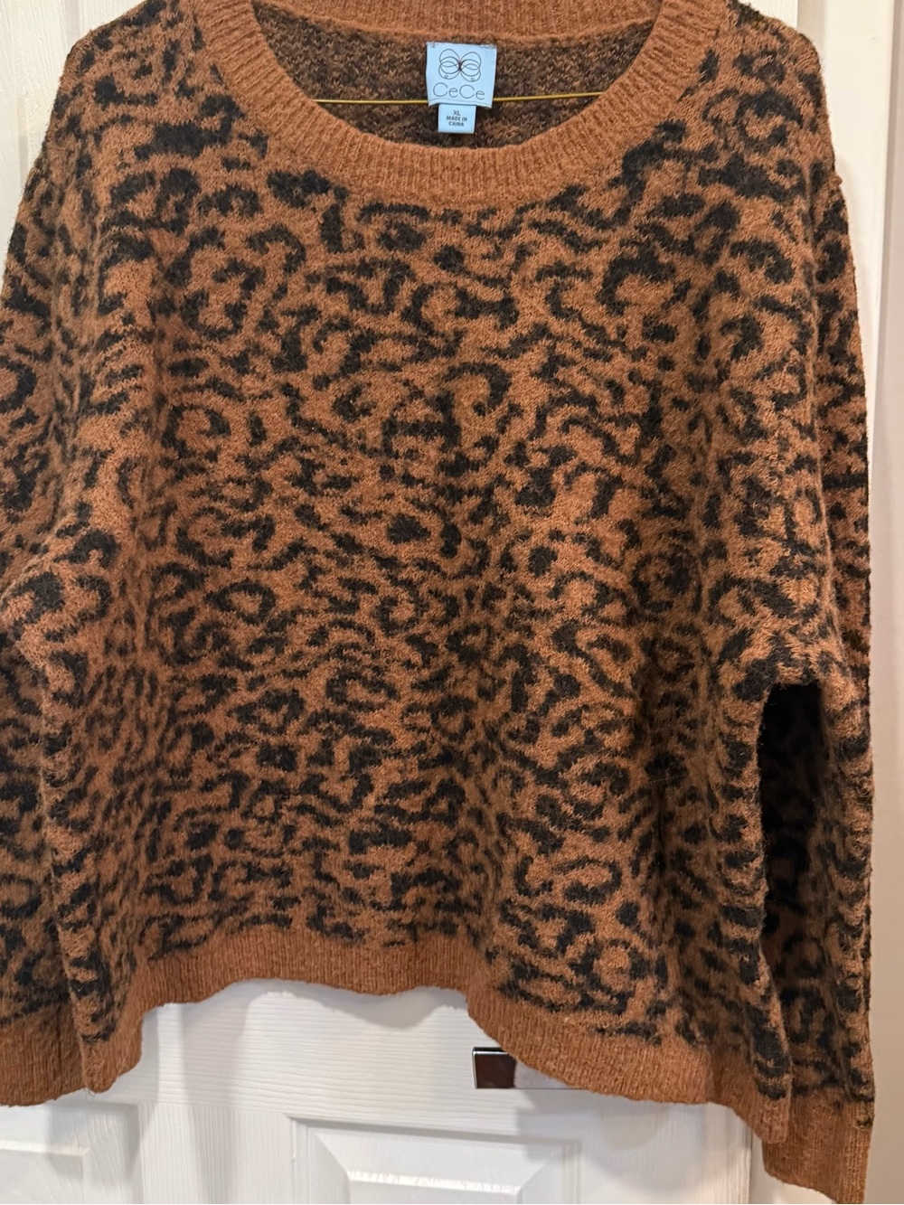 CeCe Brown and Black Leopard-Print Crewneck Sweater